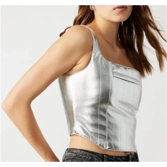 Steve Madden Women's Mallika Silver Corset Faux Leather Top Size M NWT Y2K Disco - Picture 2 of 9